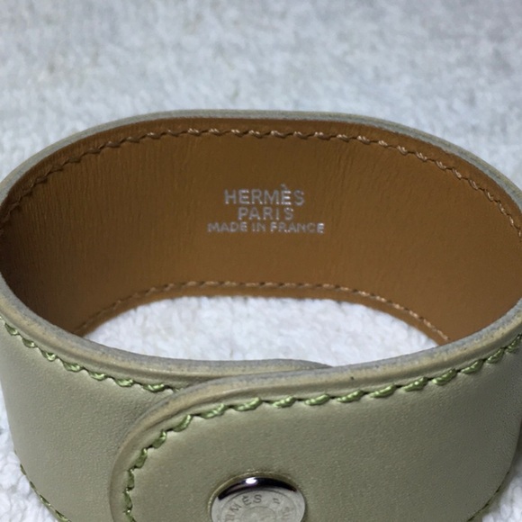 Hermès Lime Green Leather and Silvertone Pyramid Bracelet (7.5in) [In Box] - Picture 8 of 9